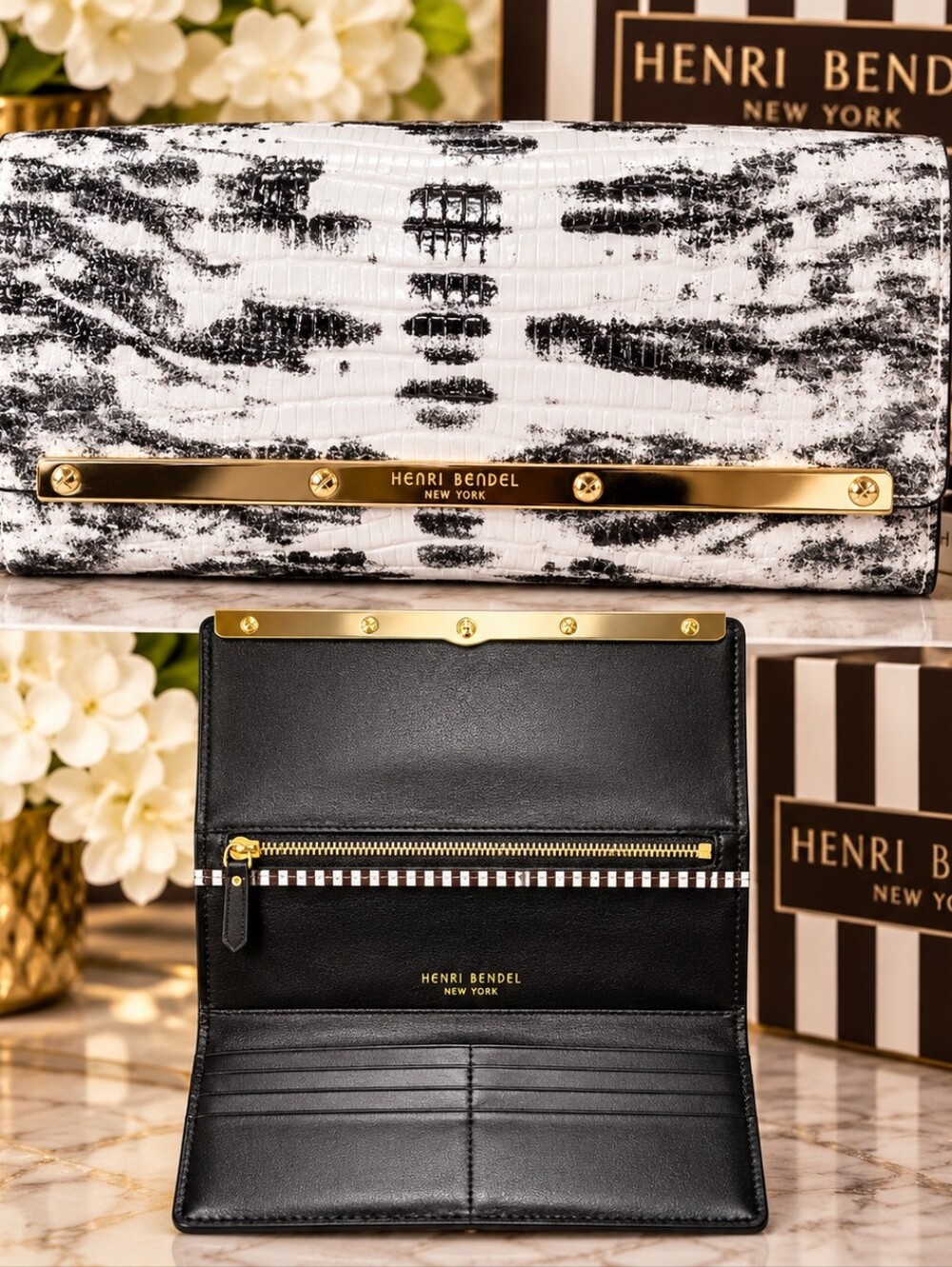 henri bendel Black & White Patterned Envelope Long Wallet with Gold Accent EUC